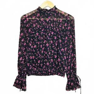 Express Black Sheer Floral Blouse For Women Size XS High Neck Career